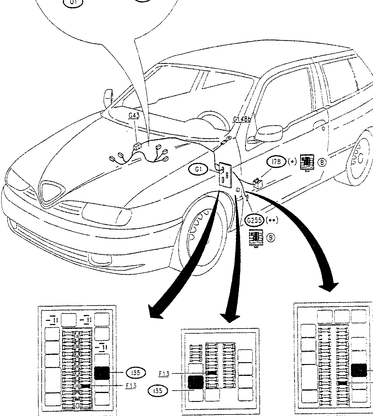 Diagram of car showing locations of electrical components and fuse boxes