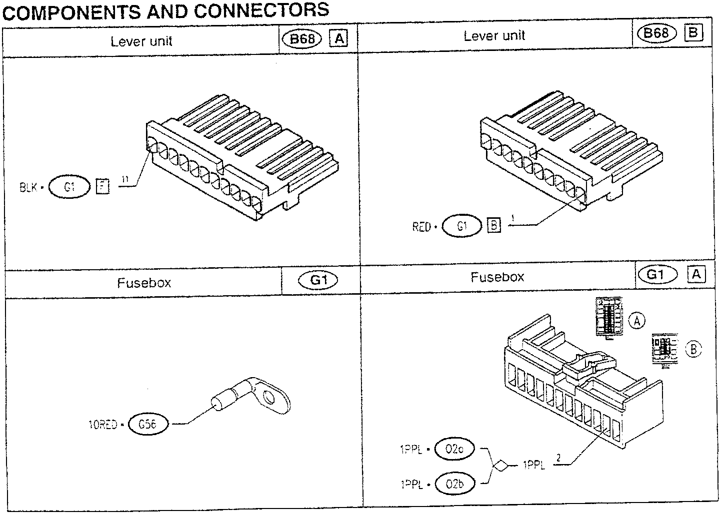 Lever unit with connector B68, terminal 11 connected to G1 (BLK)