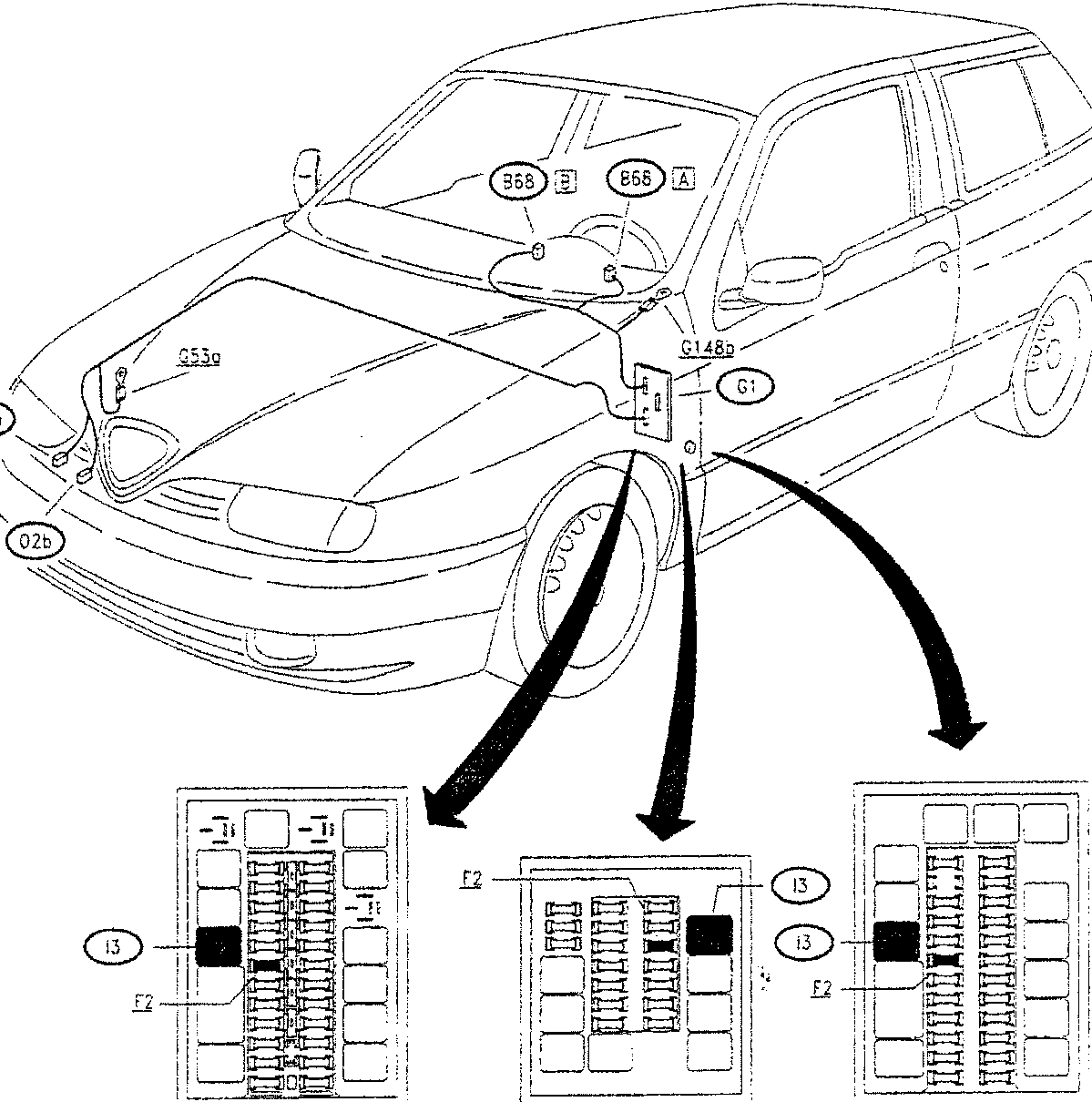Diagram of car showing horn components and fuse box locations
