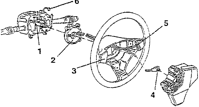 Steering wheel with horn pushbuttons, clock spring cable, control switch, airbag connector G383, and module connector R23.