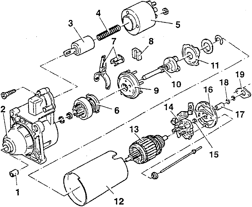 Disassembled starter motor components with numbered parts