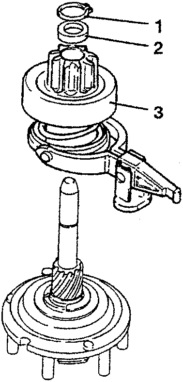 Diagram showing components 1, 2, and 3 of a starter coupling assembly with a reversing shaft below it.