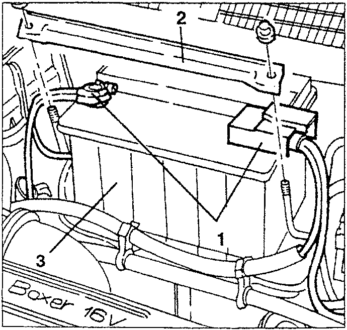 Battery removal diagram showing terminals, bracket, and battery