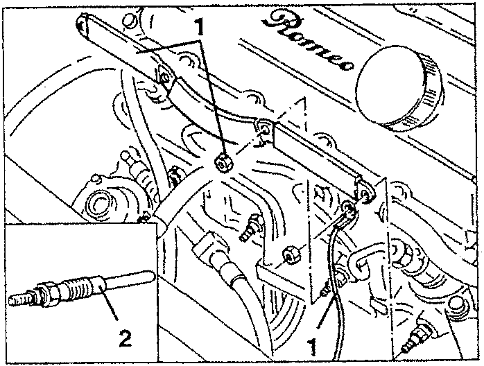 Engine compartment showing glow plug removal with radiator return pipe and oil filter support