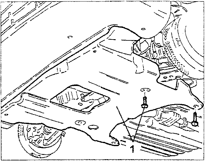 Diagram showing removal of power steering box heat shield with numbered part: 1. Power steering box heat shield.