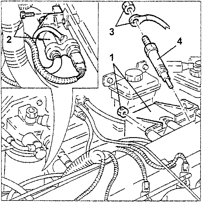 Diagram showing glow plug removal with numbered parts: 1. Glow plug, 2. Electrical connection, 3. Fuel return manifold pipe, 4. Oil vapour separator.