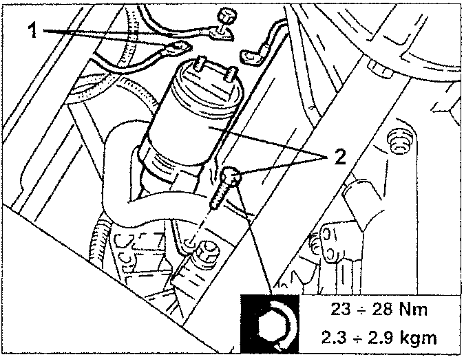 Diagram showing starter motor with torque specification: 1. Starter motor, 2. Fastening screw.