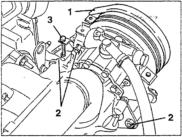 Power steering pump and alternator mounting area with numbered parts