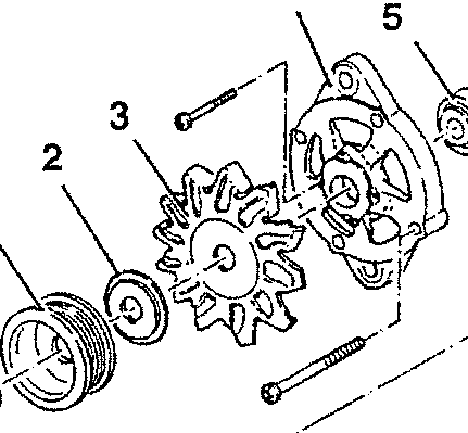 Disassembled alternator components including pulley, spacer, fan, drive side support, drive side bearing, cover plate, rotor, regulator side bearing, stator, rectifying unit, collector ring support, anti-disturbance condenser, voltage regulator-brush holder, and protective cap.
