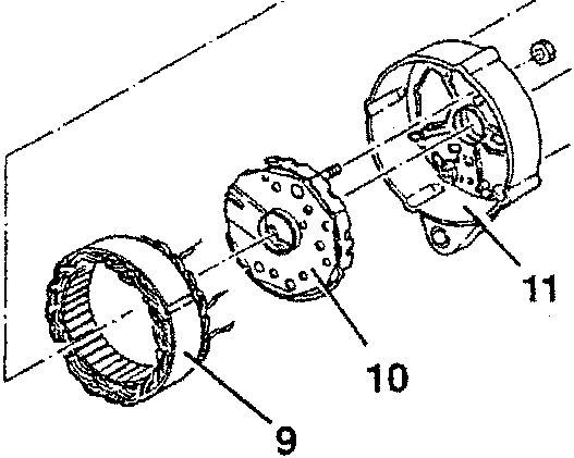 Disassembled alternator components including rotor, stator, rectifying unit, collector ring support, anti-disturbance condenser, voltage regulator-brush holder, and protective cap.