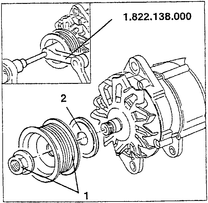 Alternator with tool N. 1.822.138.000 being used to remove the pulley.