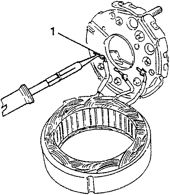 Diagram showing a screwdriver being used to disconnect wires from a stator assembly