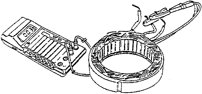 Tester connected to stator winding with probes on stator pack and phase terminals