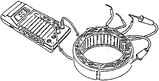Tester connected to stator winding with probes on stator pack and phase terminals