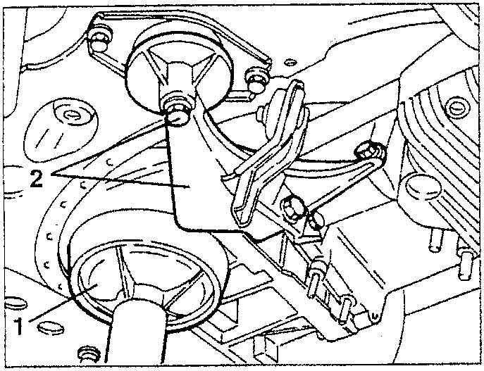 Illustration showing a hydraulic jack set under the gearbox, with labeled parts 1 and 2