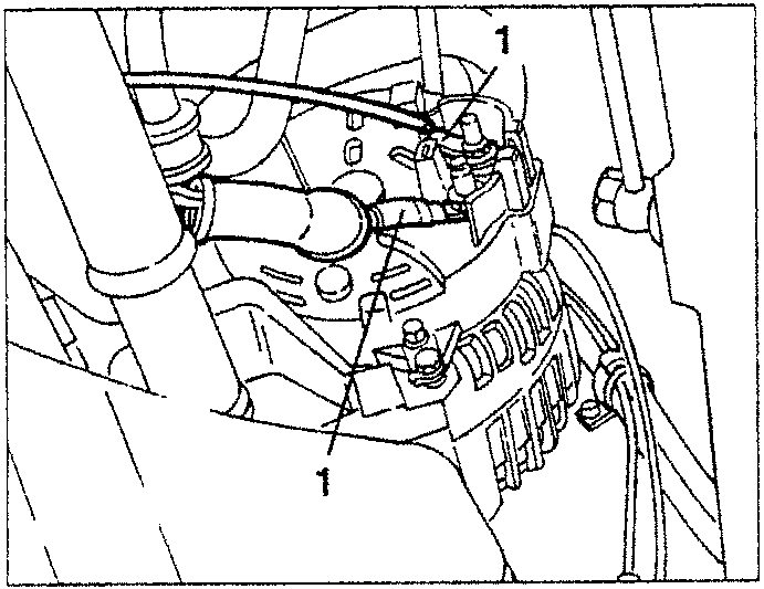 Illustration showing electrical connections being disconnected from the alternator, with labeled part 1