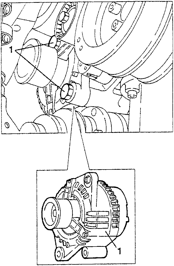 Illustration showing the alternator being removed from under the car, with a close-up inset of the alternator unit.