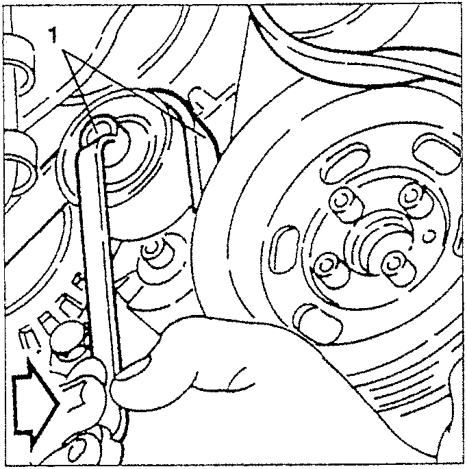 Illustration showing a hand using a tool to slacken a belt tensioner near a wheel hub.