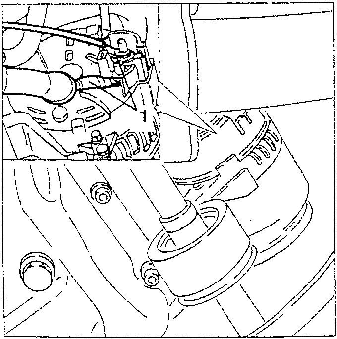 Illustration showing hands disconnecting electrical connectors from an alternator mounted on an engine.