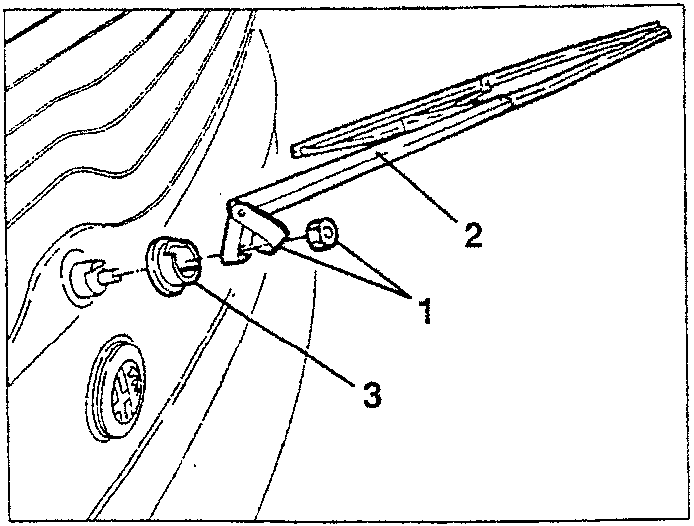 Diagram showing rearscreen wiper arm, nut and protection rubber