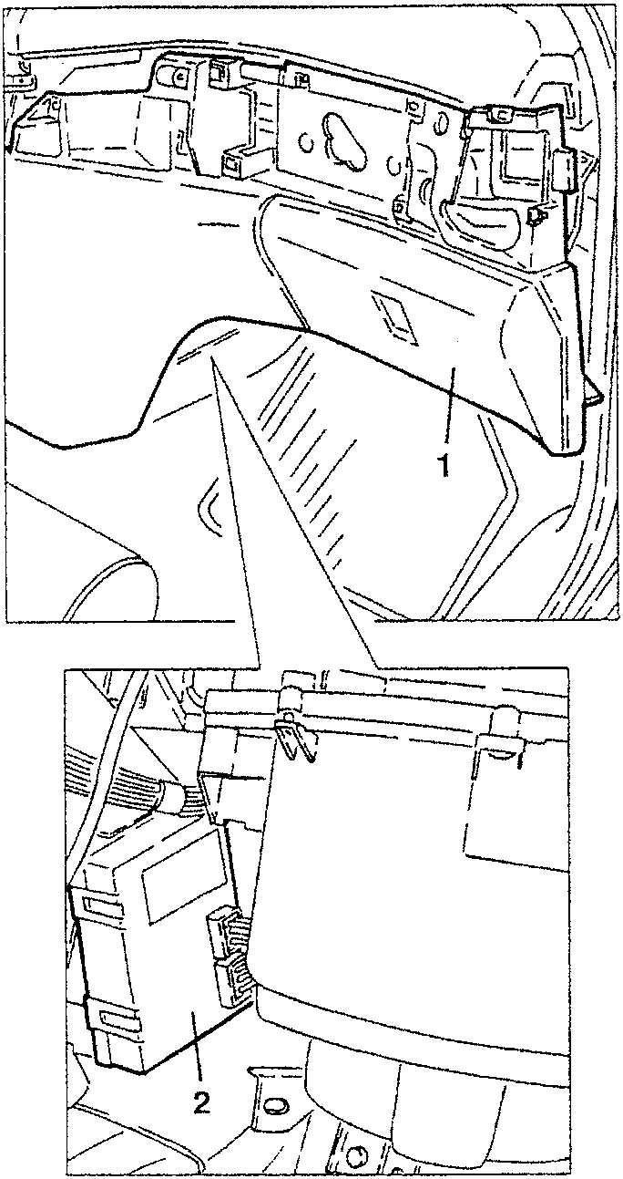 Diagram showing dashboard removal and control unit location.