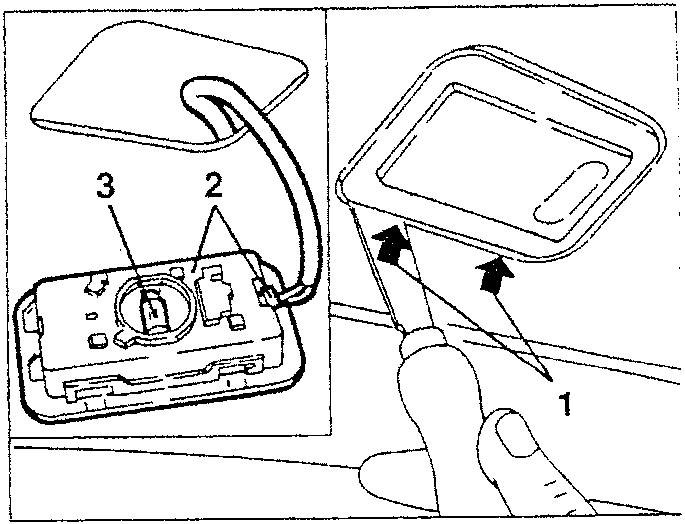 Diagram showing the rear ceiling lamp being pulled out with a hand labeled 1 and parts labeled 2 and 3