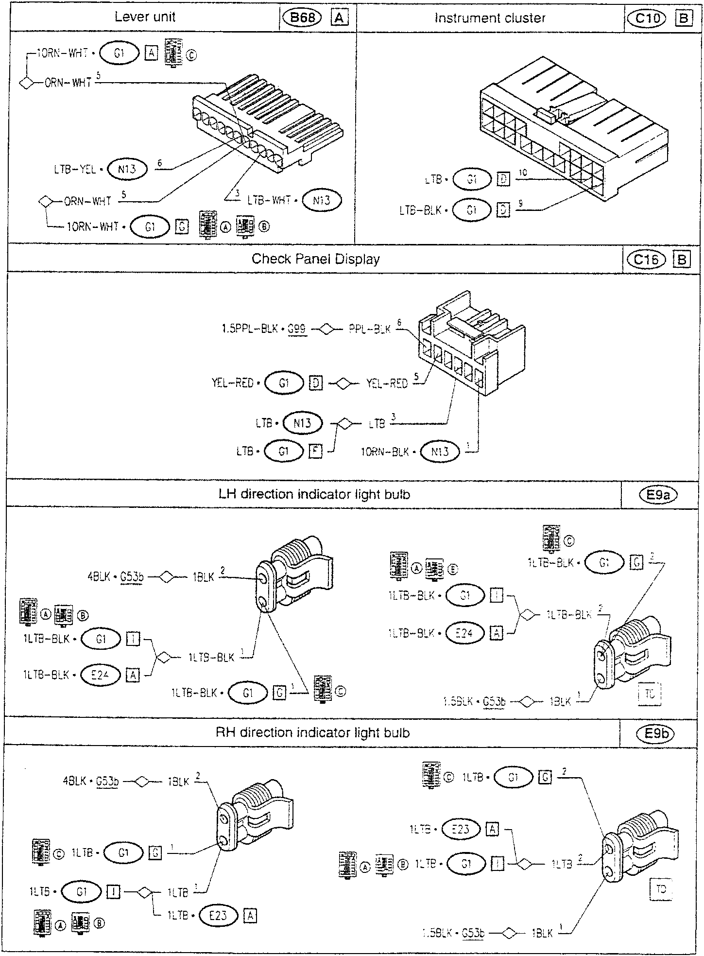 Lever unit and Instrument cluster diagrams with wire connections and connector pin labels.