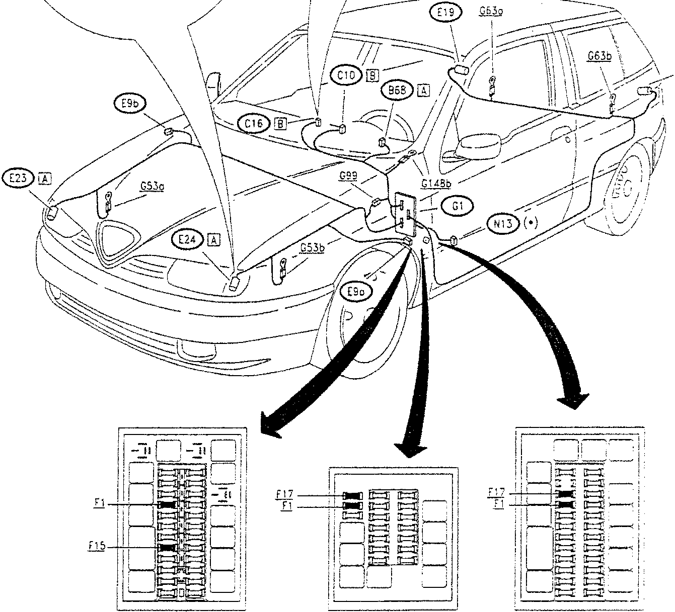 Diagram of car showing various components and their locations