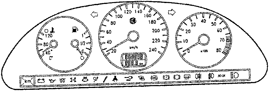 Instrument cluster with speedometer, rev counter, fuel gauge, coolant temperature gauge, and warning lights