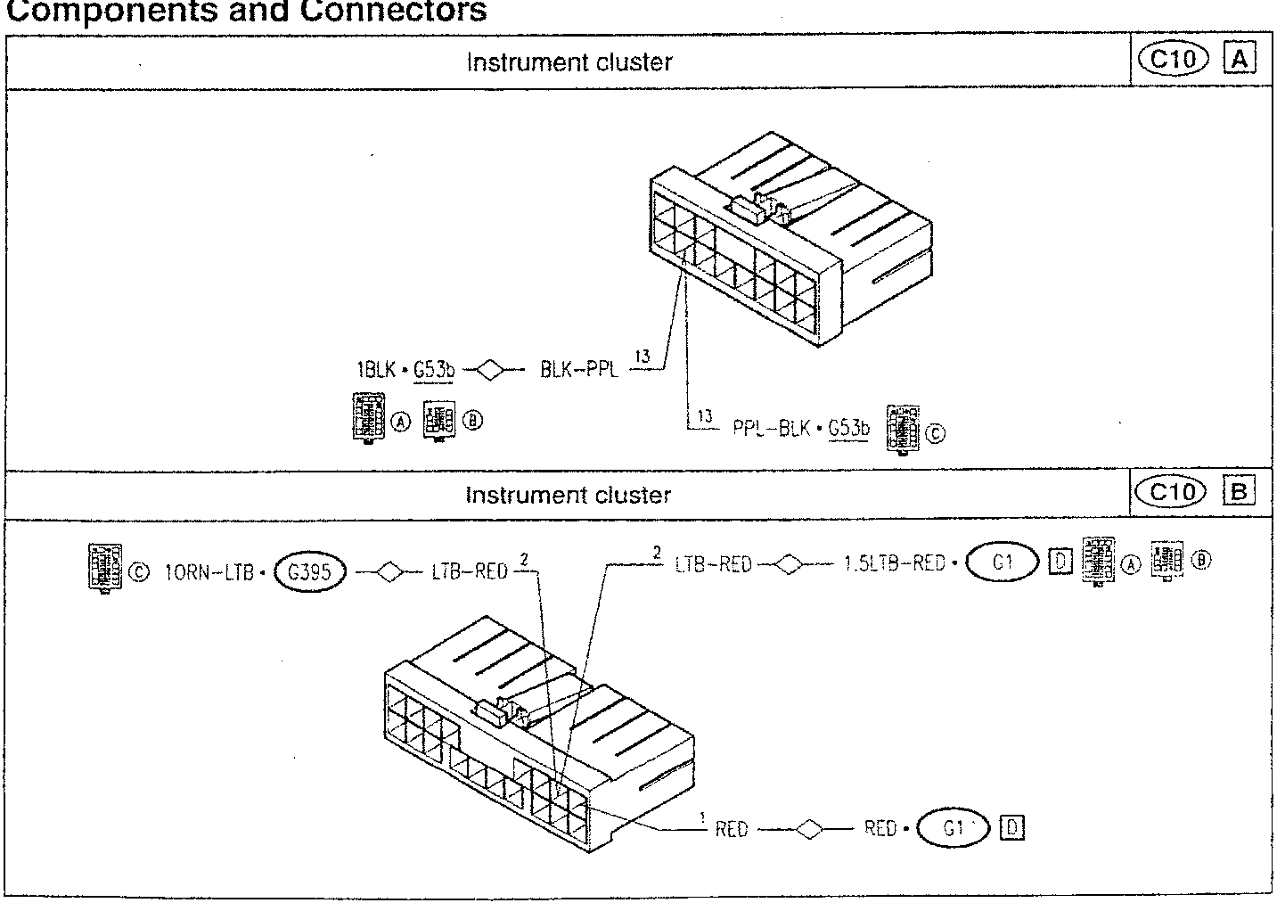 Instrument cluster diagram showing connectors A and B with wire color codes and fuse connections.