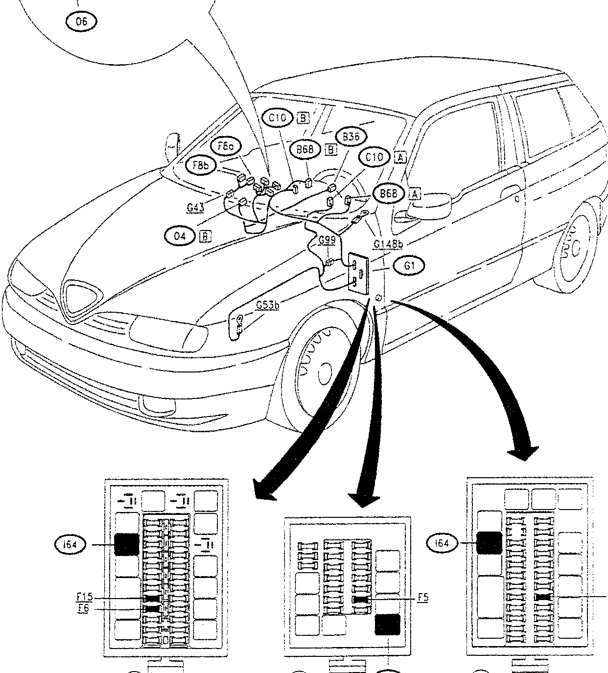 Diagram of a car showing various components labeled with codes such as C10, B36, B6B, G43, G99, G53b, G148b, G1, F6a, F8b, and 04. Below the car are three diagrams of fuse boxes labeled A, B, and C, with specific fuses highlighted (F15, F6, I64, F5).