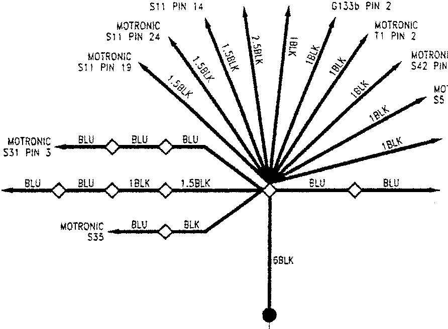 Diagram showing electrical connections and earth points for MOTRONIC components, labeled with pin numbers and wire colors, connected to G60 earth point.