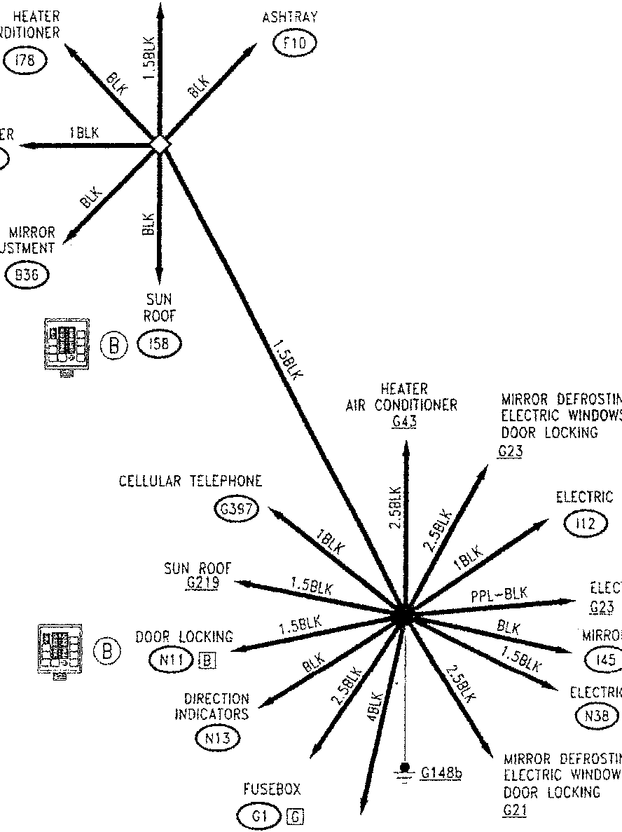 Car electrical wiring diagram showing fuse box connections and circuit paths