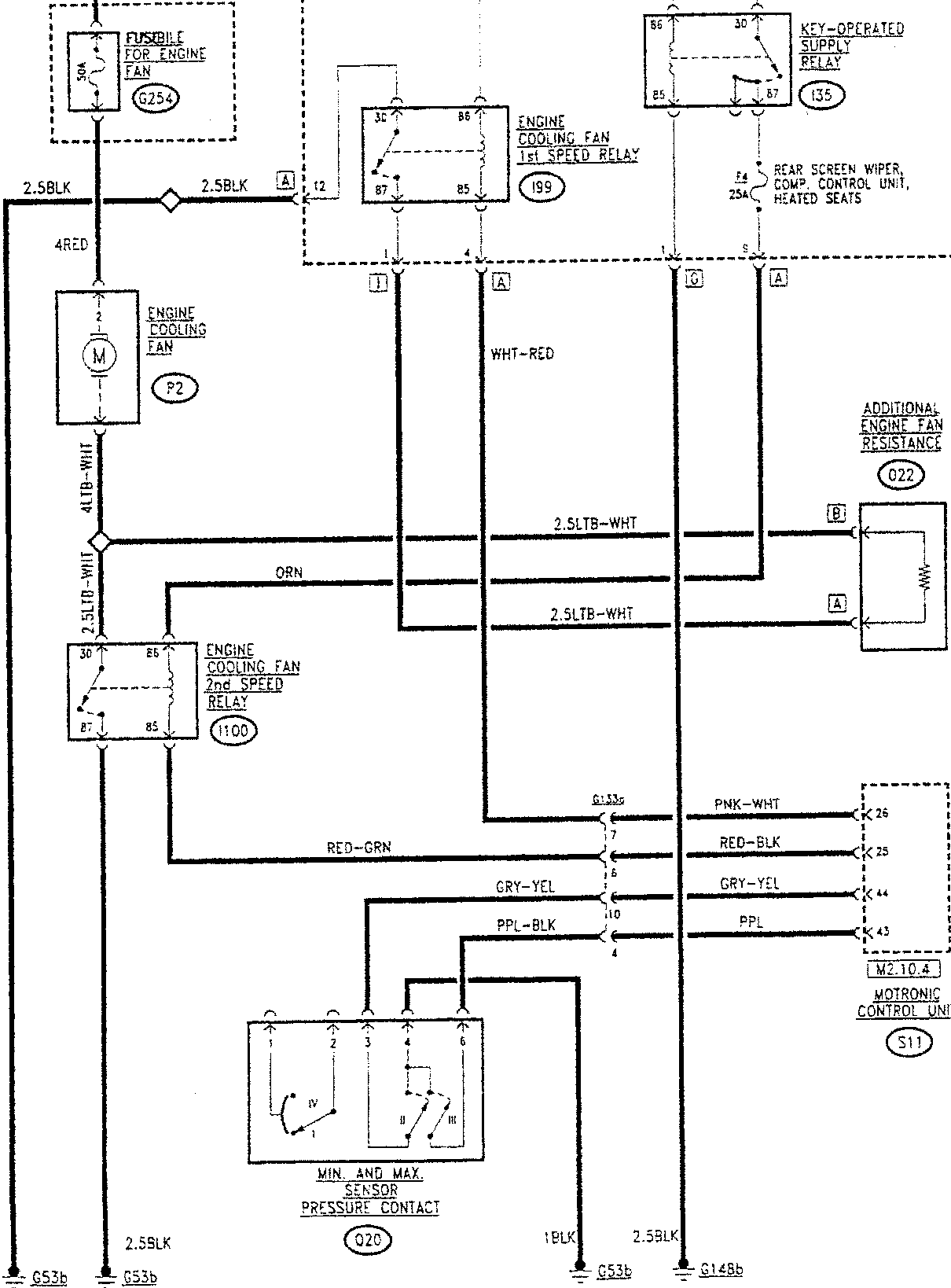 Engine cooling fan control circuit diagram with sensor and relays