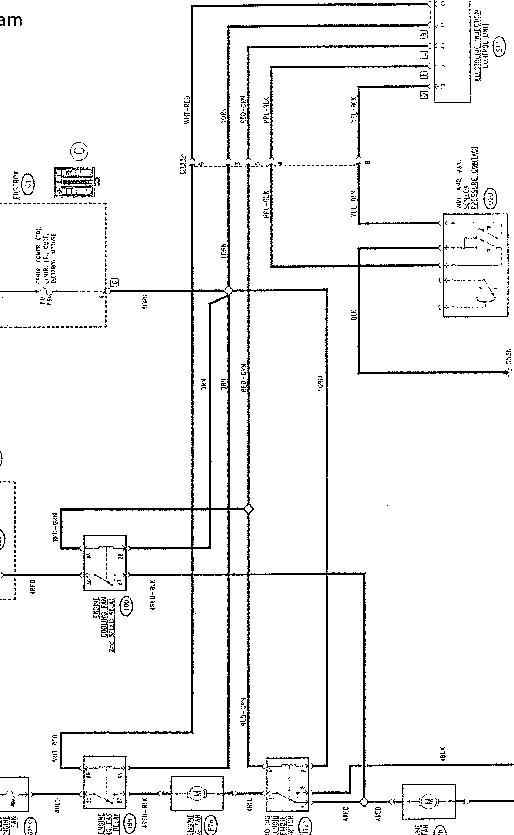 Wiring diagram for engine fan control (JTD version) showing connections to fuse box, relays, fans, and sensors.