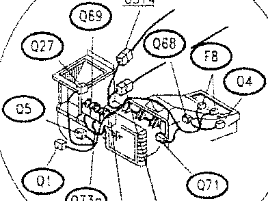 Close-up of electrical components including Q69, Q68, F8, Q4, Q5, Q1, Q73a, Q73b, G43, and C314.