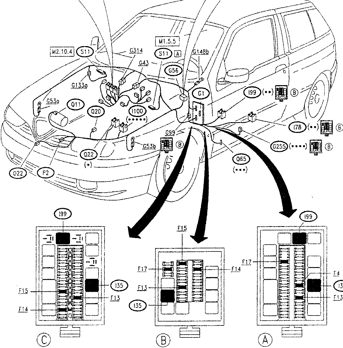 Diagram showing the car with various electrical components labeled including M1.5.5, G148b, G1, G56, G99, Q65, I99, 178, G255, Q22, P2, C314, G43, G53a, Q11, Q20, 1100, and others.