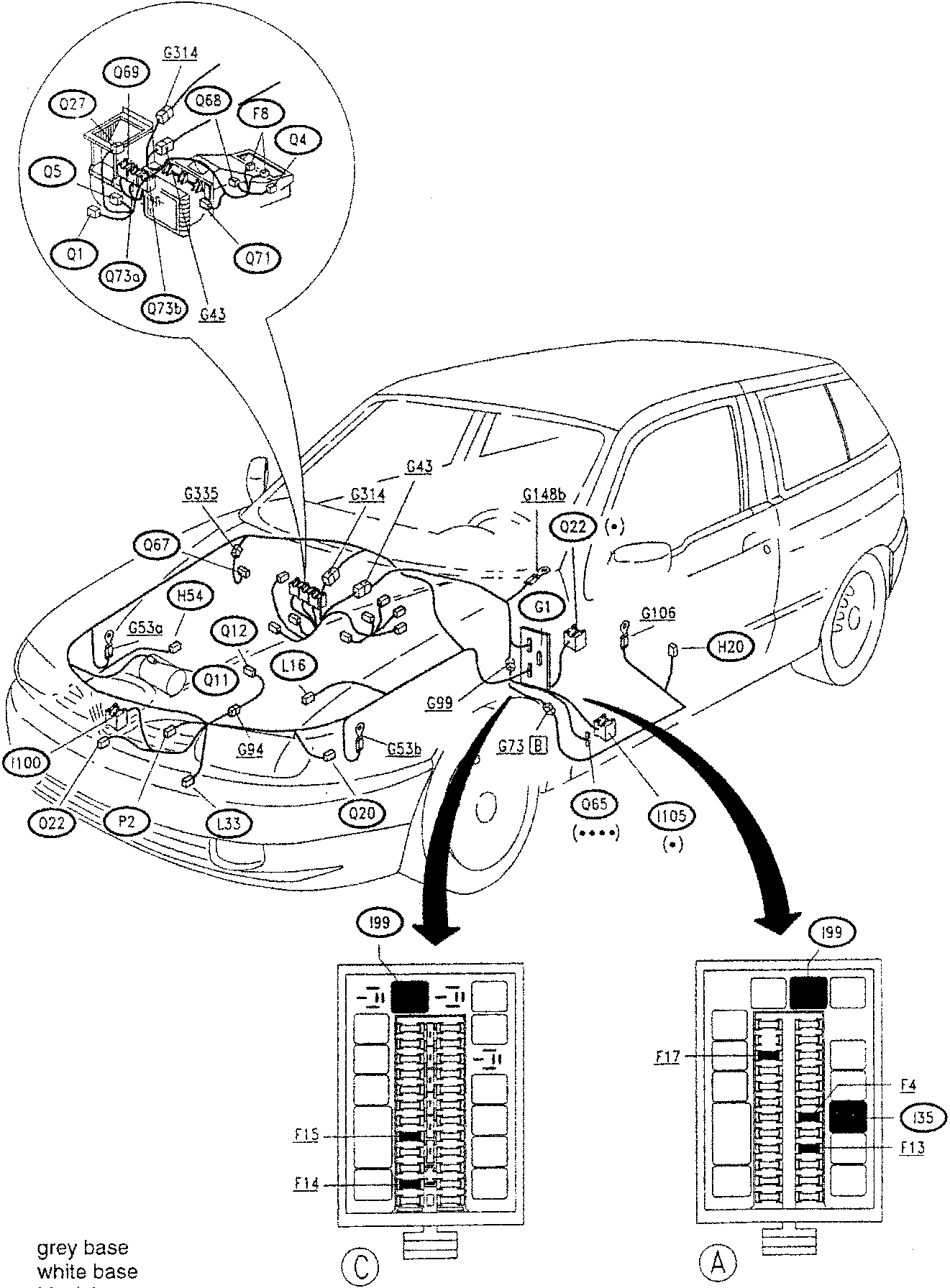 Diagram showing location of components on a car with callouts for various parts like Q69, Q71, G43, etc.