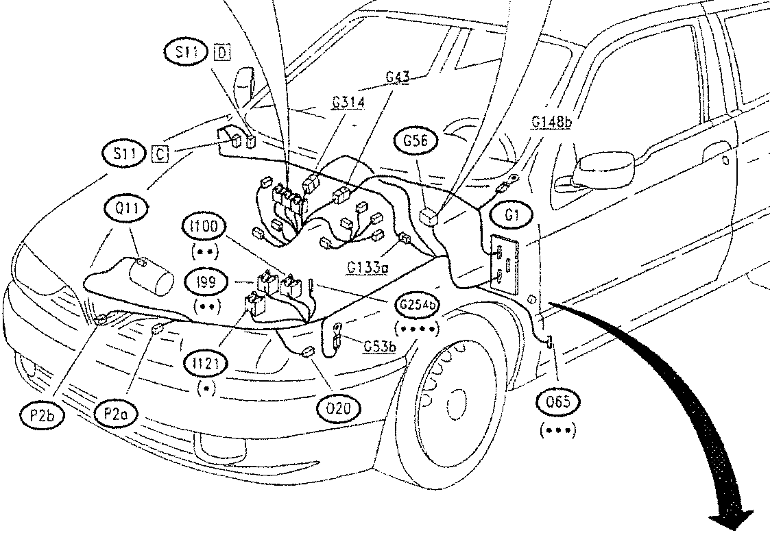 Diagram of car with highlighted areas indicating component locations.