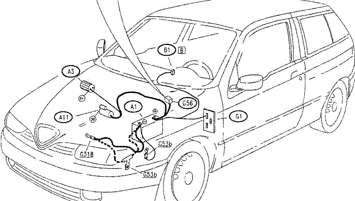 Side view of a car with hood open, showing components A1, A3, A11, G1, G53b, G53b, G56, B1, and G318.