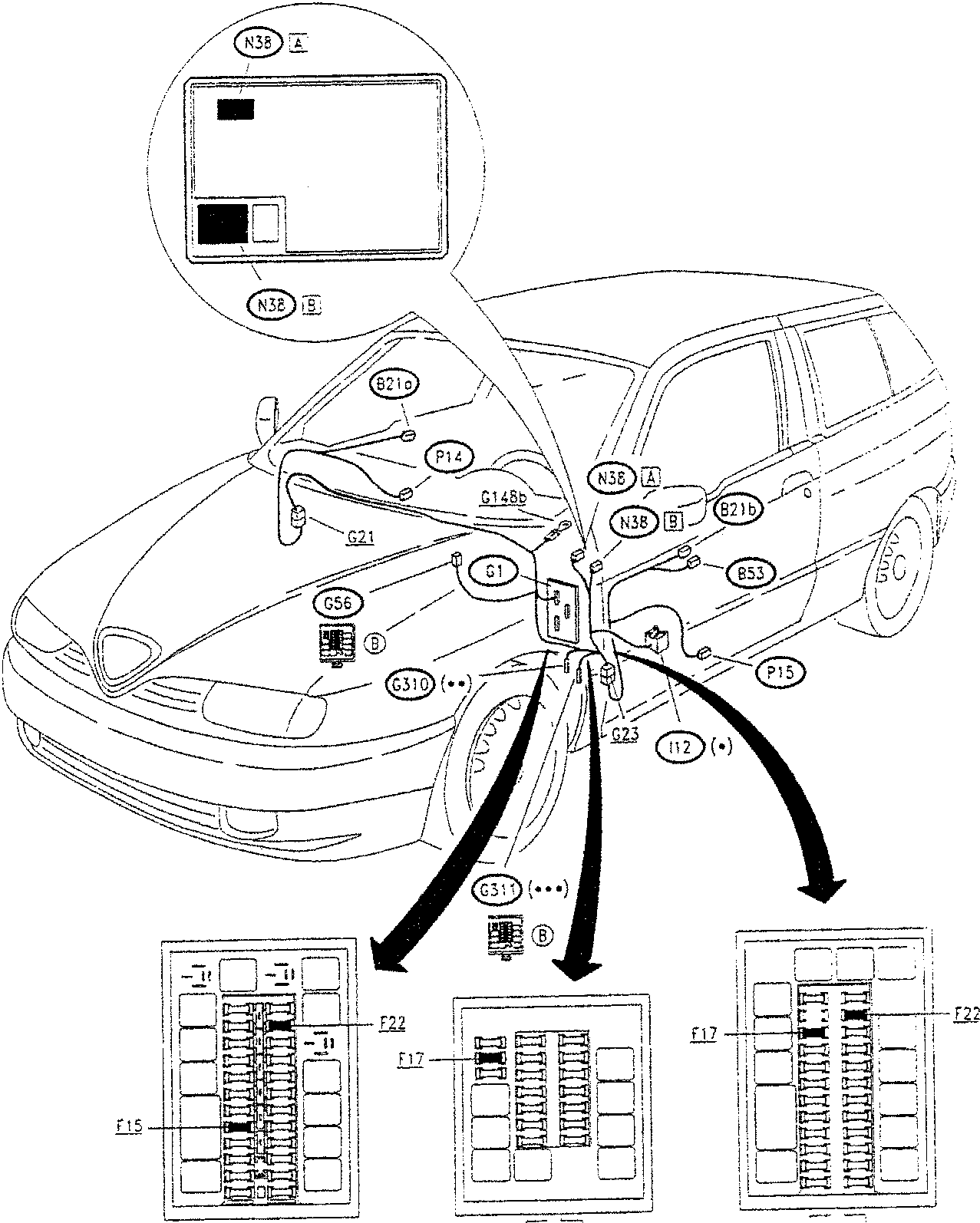 Diagram showing location of components on a car, including fuse boxes and connectors.