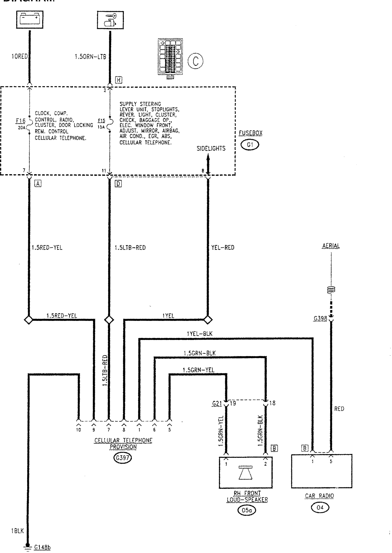 Radio telephone provision wiring diagram: fusebox G1, cellular telephone provision G397, RH front loudspeaker O5a, car radio O4