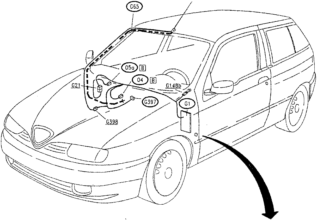 Line drawing of a car showing component locations with labels G65, 05a B, 04 B, G148b, G397, G398, G21, and G1. A curved arrow points from the car to a diagram of an electrical fuse box labeled F2, which shows fuses F16 and F15.