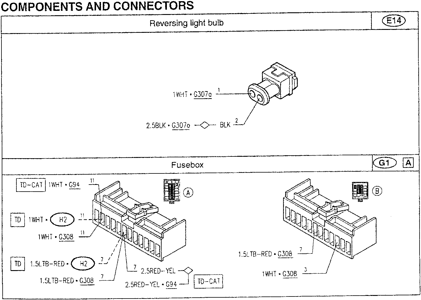 Reversing light bulb E14 and fusebox G1 connector A