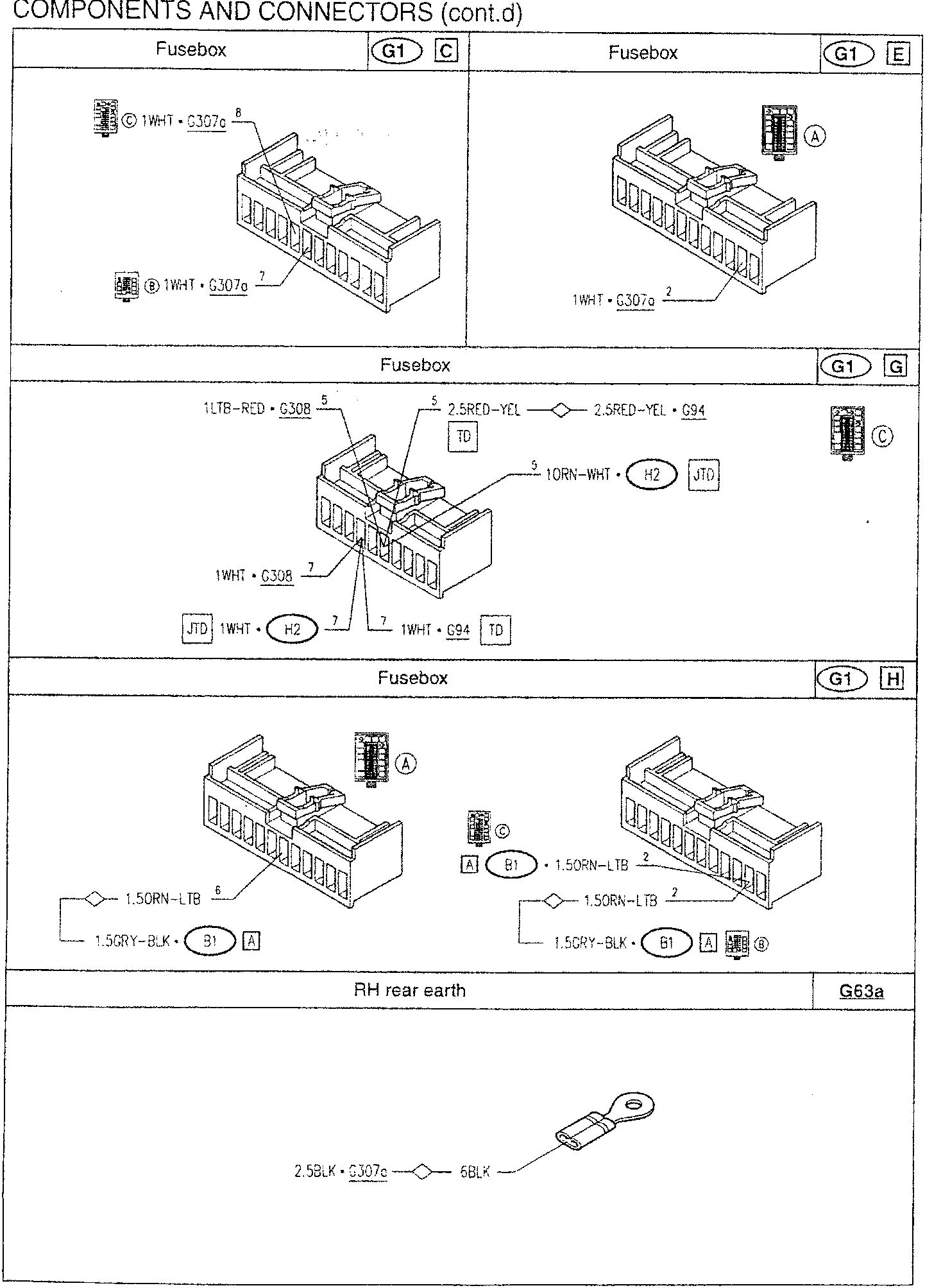 Fusebox diagram with labeled components: 1WHT·G307a at position 7 and 1WHT·G307c at position 8