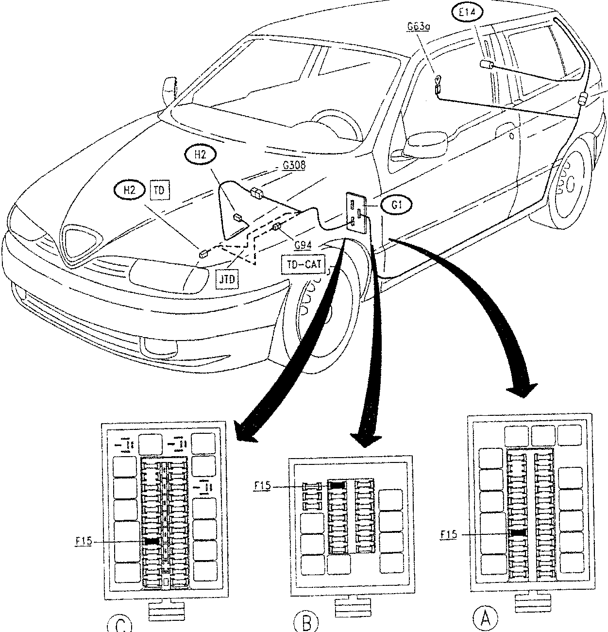 Diagram of car showing components for reversing lights, with arrows pointing to fuse boxes labeled A, B, and C.