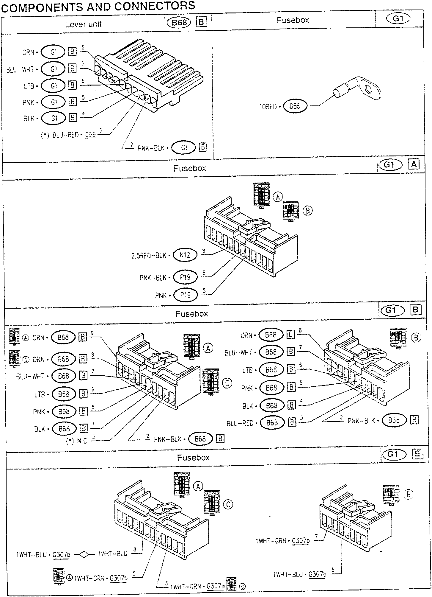 Lever unit and fusebox diagram with wire color codes and connector labels