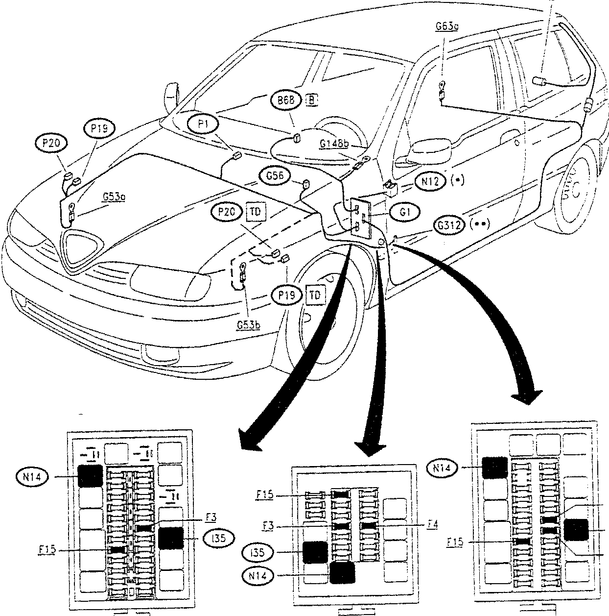 Diagram of car showing component locations with arrows pointing to fuse boxes A, B, and C.