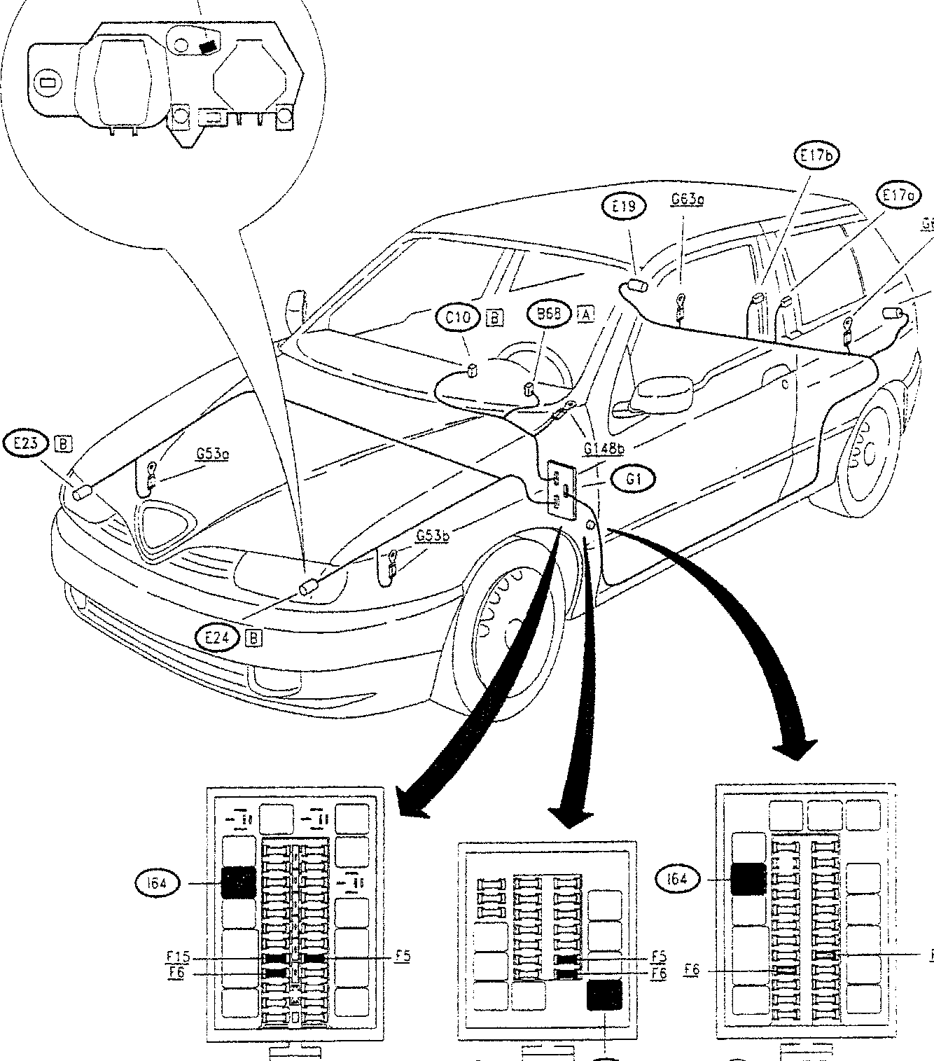 Close-up of side light assembly with labeled components E24 and B.
