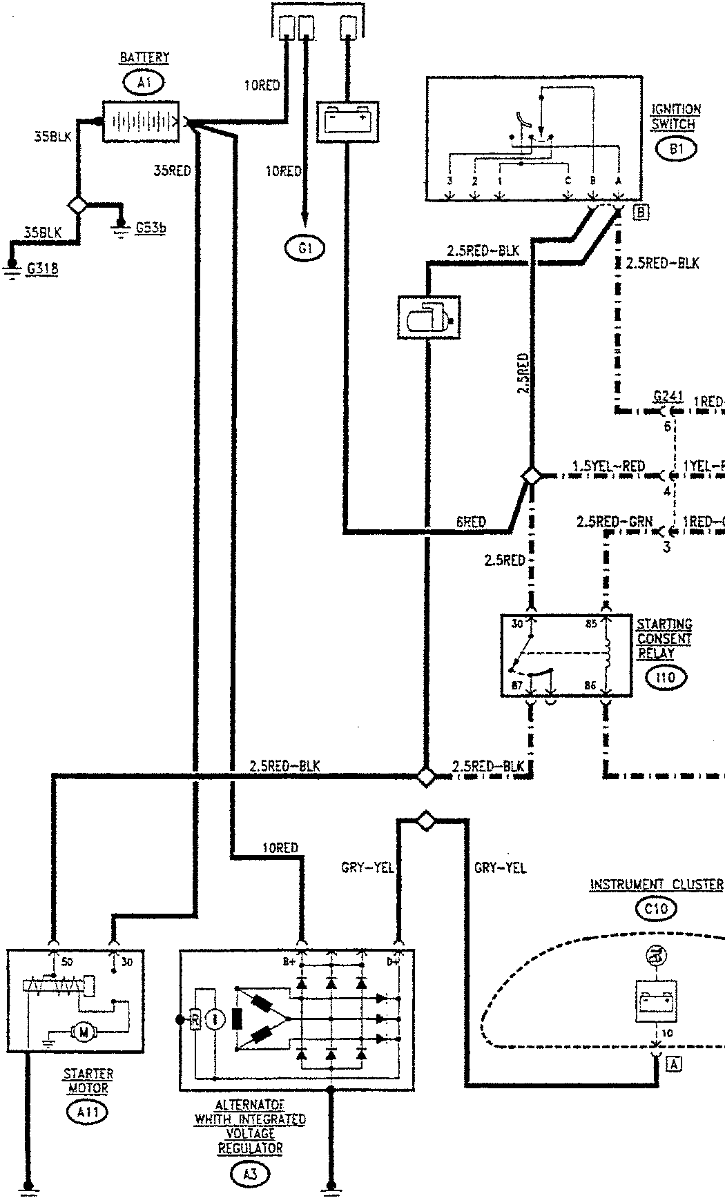 Wiring diagram for starting and charging system, TD version up to chassis no....